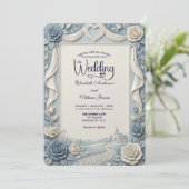 Elegant Victorian Dusty Blue Faux Embossed Rose Einladung (Stehend Vorderseite)
