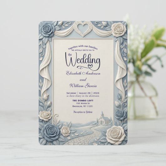 Elegant Victorian Dusty Blue Faux Embossed Rose Einladung (Stehend Vorderseite)