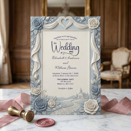 Elegant Victorian Dusty Blue Faux Embossed Rose Einladung