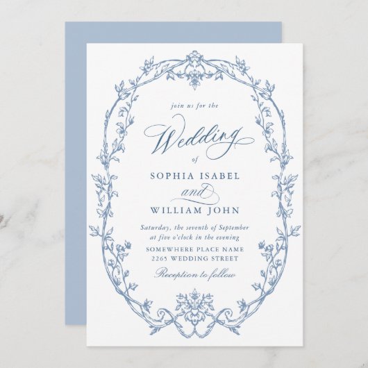 Elegant Victorian Ornate Floral Dusty Blue Wedding Einladung (Vorne/Hinten)