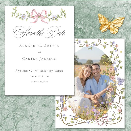 Elegant Victorian Pastel Floral Bow Wedding Photo Save The Date