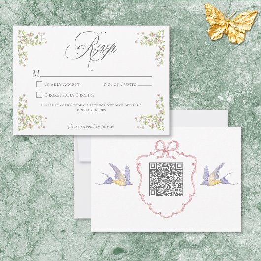 Elegant Victorian Pastel Floral Bow Wedding QR RSVP Karte