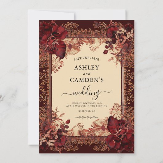 Elegant Victorian Red Gold Wedding Save The Date (Vorderseite)