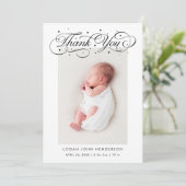 Elegant Vielen Dank, Calligraphy White Birth Ankündigung (Stehend Vorderseite)