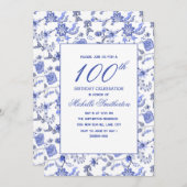 Elegant Vintag antike Blauer Flora 100. Einladung (Vorne/Hinten)