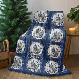 Elegant Vintag Blue Toile de jouy monogram Fleecedecke
