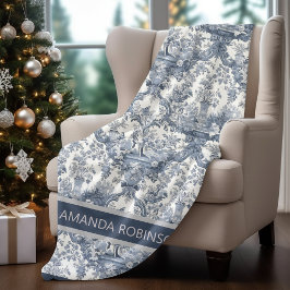 Elegant Vintag Blue Toile de jouy monogram Fleecedecke