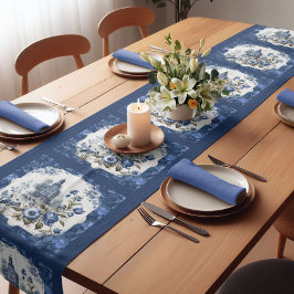 Elegant Vintag Blue Toile de jouy monogram Kurzer Tischläufer