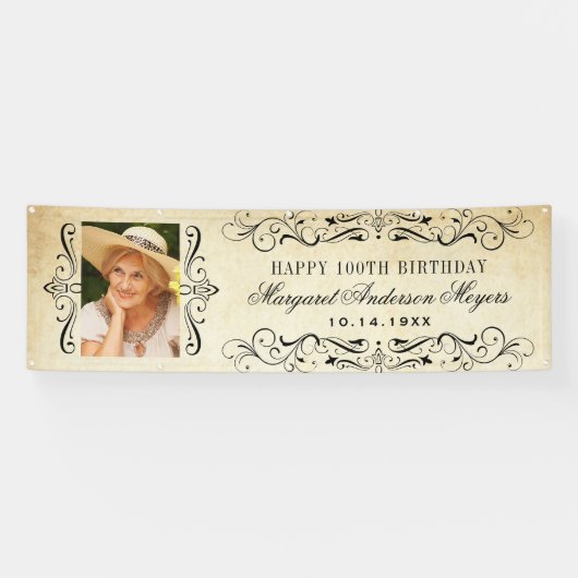 Elegant Vintag Blüh Happy Birthday Foto Banner (Horizontal)