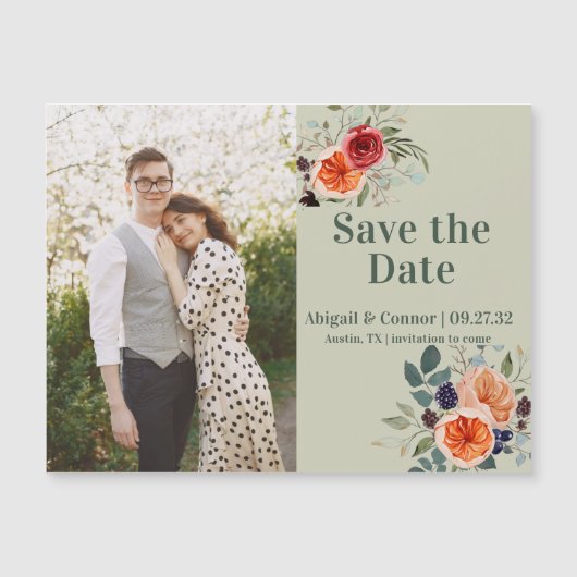 Elegant Vintag Boho Red Orange Gray Save the Date Magnetkarte (Vorderseite)