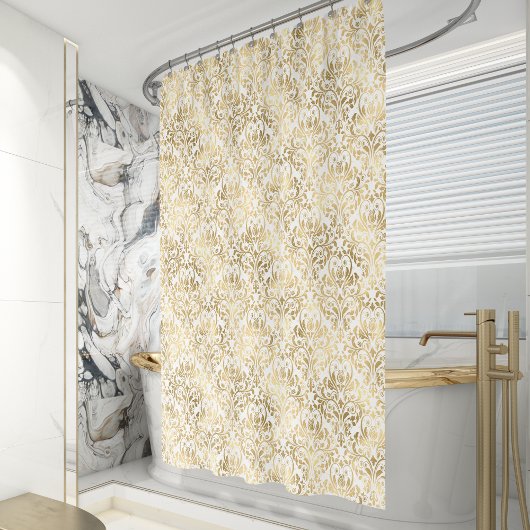 Elegant Vintag Damask Gold White Duschvorhang