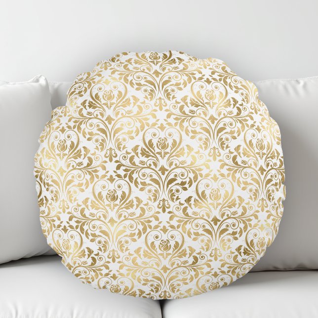 Elegant Vintag Damask Gold White Rundes Kissen (Von Creator hochgeladen)