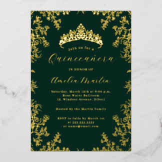 Elegant Vintag Floral Gold Emerald Quinceanera Folieneinladung
