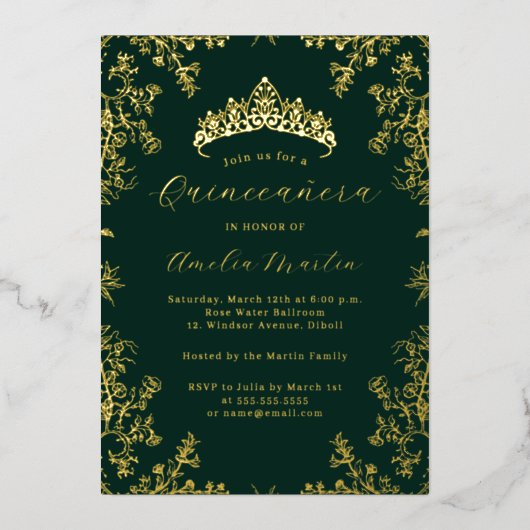 Elegant Vintag Floral Gold Emerald Quinceanera Folieneinladung (Vorderseite)