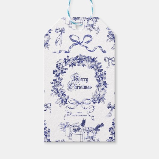 Elegant Vintag frohe Weihnachts-Blauer Kranzknaben Geschenkanhänger (Vorderseite)