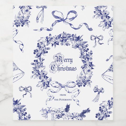 Elegant Vintag frohe Weihnachts-Blauer Kranzknaben Weinetikett (Einzelnes Label)