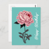 Elegant Vintag Pink Peony Happy Birthday Green Postkarte (Vorne/Hinten)