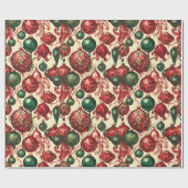 Elegant Vintag Red Green Christmas Baubles Beige Geschenkpapier (Flach)