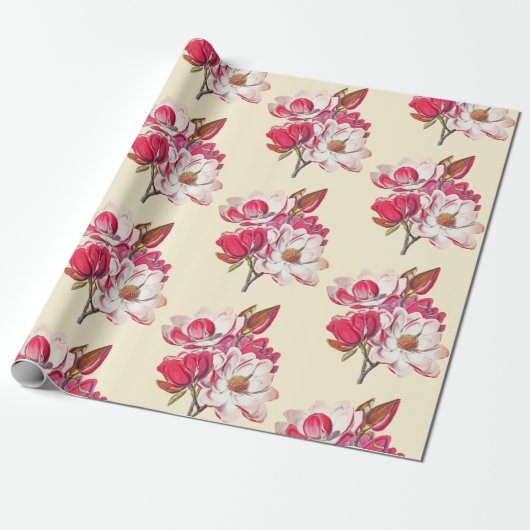 Elegant Vintag rosa Magnolia auf Beige Geschenkpapier (Ungerollt)