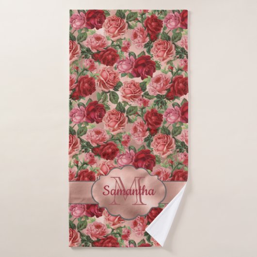 Elegant Vintag Rosa Rosa Rose Mit Monogramm Badehandtuch (Badehandtuch)