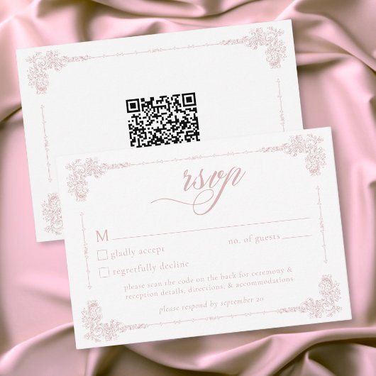 Elegant Vintage Baroque Dusty Pink Wedding QR RSVP Karte