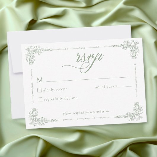 Elegant Vintage Baroque Sage Green Wedding RSVP Karte