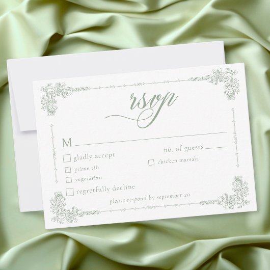Elegant Vintage Baroque Sage Green Wedding RSVP Karte