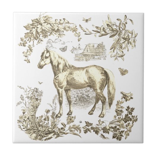 Elegant Vintage Beige Horse Floral Fliese (Vorderseite)