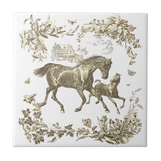 Elegant Vintage Beige Horses Floral Fliese (Vorderseite)