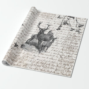 Elegant Vintage Black White Deer Wildflower Script Geschenkpapier