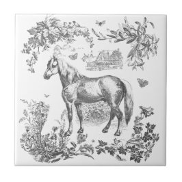Elegant Vintage Black White Horse Floral Fliese
