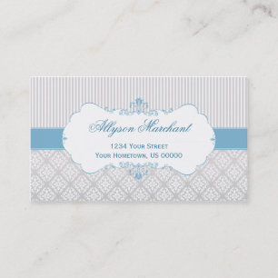 Elegant Vintage Blau Grau Weiß Damast und Streifen Visitenkarte