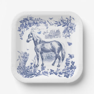 Elegant Vintage Blau Weiß Pferd Blumenmuster Pappteller