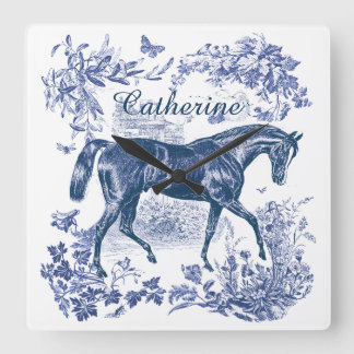 Elegant Vintage Blue Horse Country Toile Name Quadratische Wanduhr