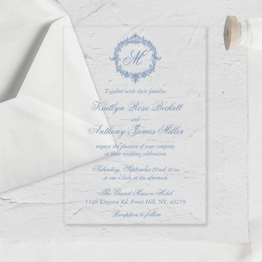 Elegant Vintage Blue Toile Monogram Wedding Acryleinladungen