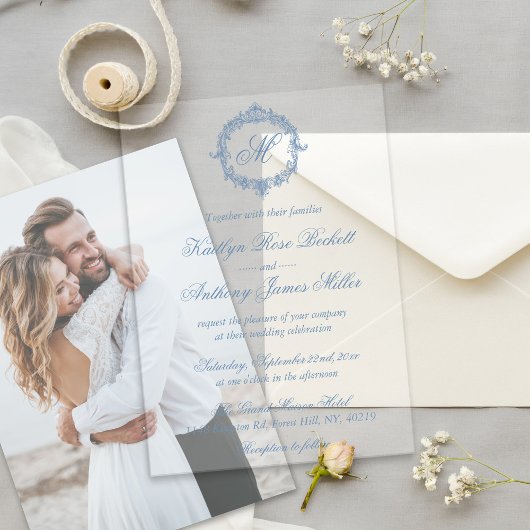 Elegant Vintage Blue Toile Monogram Wedding Acryleinladungen