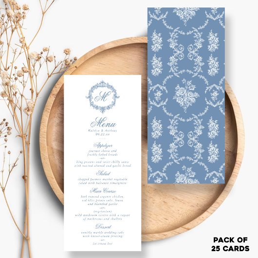 Elegant Vintage Blue Toile Monogram Wedding Menus Werbekarte
