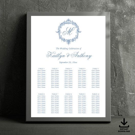 Elegant Vintage Blue Toile Monogram Wedding Poster