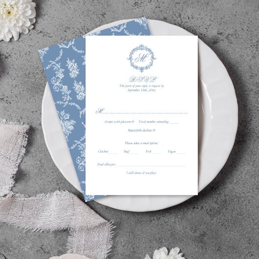 Elegant Vintage Blue Toile Monogram Wedding RSVP Karte