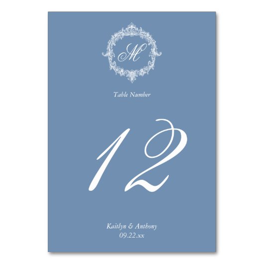 Elegant Vintage Blue Toile Monogram Wedding Tischnummer (Vorderseite)