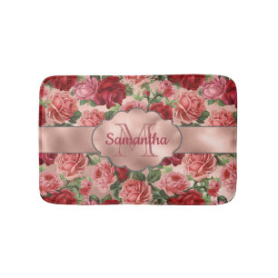 Elegant Vintage Blumen Pink Rosen Gold Monogrammie Badematte