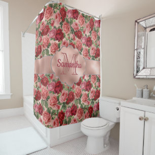 Elegant Vintage Blumige Rosa Rosen Gold Monogrammi Duschvorhang