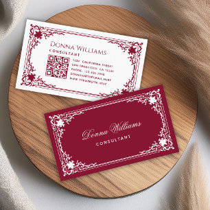 Elegant Vintage Burgund Weinweiß Schrift und QR-Co Visitenkarte