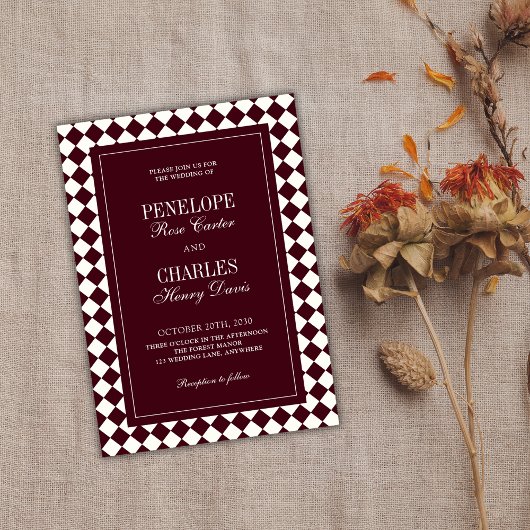Elegant Vintage Burgundy Checkered Formal Wedding Einladung