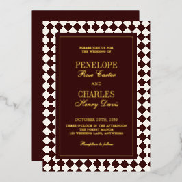 Elegant Vintage Burgundy Checkered Wedding Gold Folieneinladung