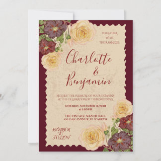 Elegant Vintage Burgundy Floral Wedding Invitation Einladung