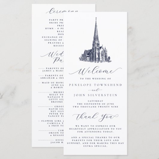 Elegant Vintage Church Illustration Wedding Programm (Vorne/Hinten)