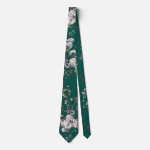 Elegant Vintage Dunkles Moody Türkisblaues Florale Krawatte