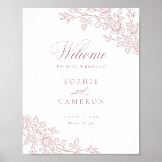 Elegant Vintage Floral Blush Pink Wedding Welcome Poster (Vorne)
