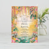Elegant Vintage Floral Elephants Indian Wedding Einladung (Stehend Vorderseite)